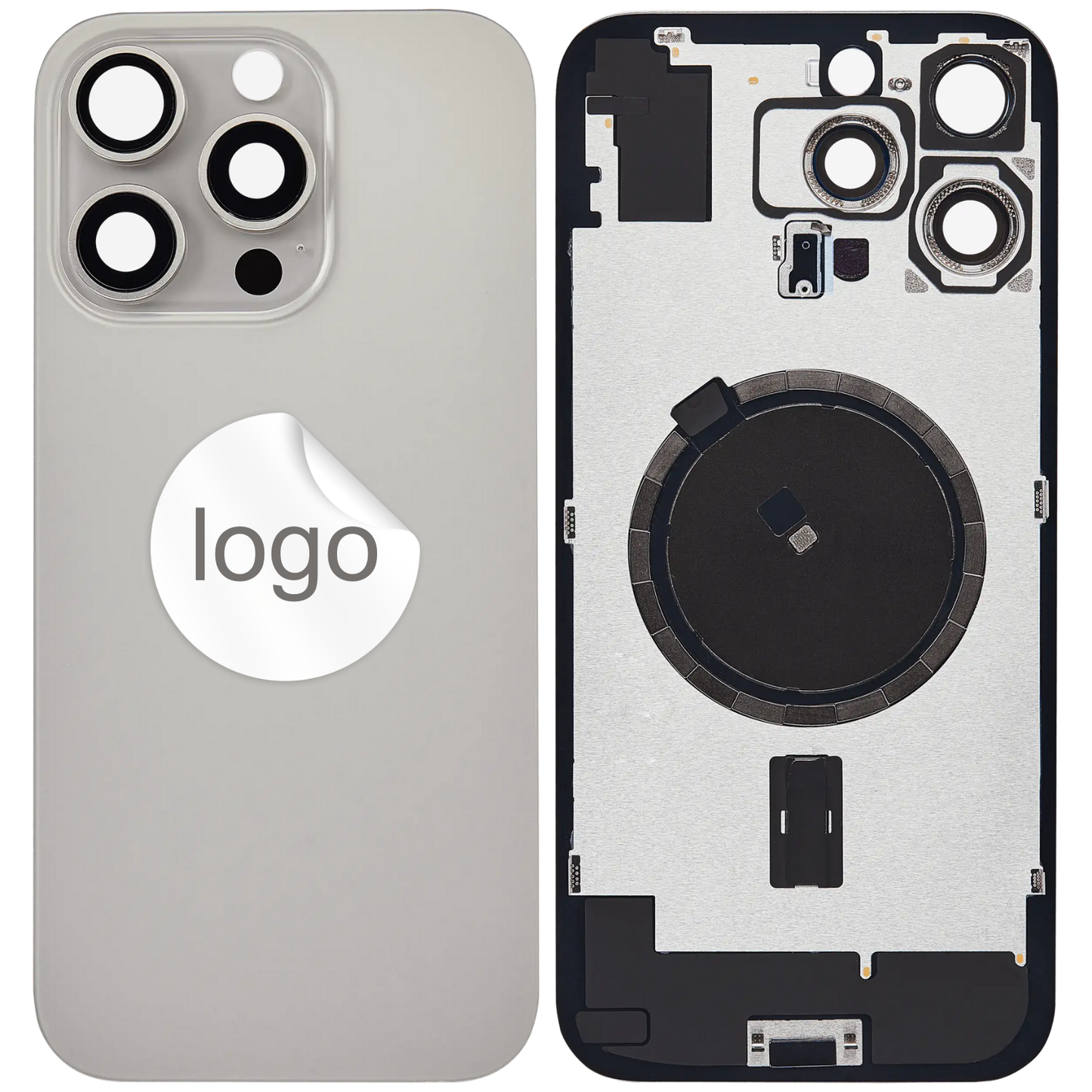 Vitre Arrière iPhone 16 Pro Max Titane Naturel Assemblée avec Logo