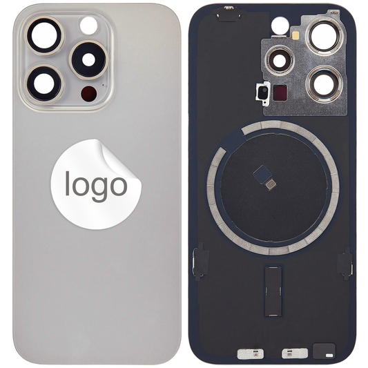 Vitre Arrière iPhone 15 Pro Max Titane Naturel Assemblée avec Logo