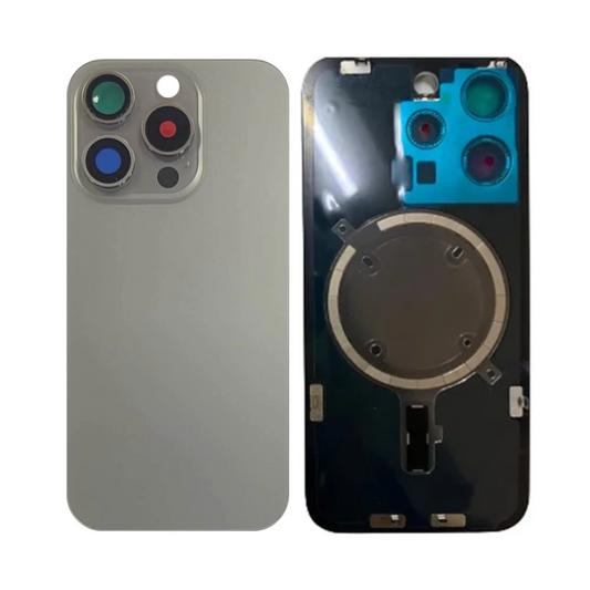 Vitre Arrière iPhone 15 Pro Titane Naturel Assemblée avec Logo